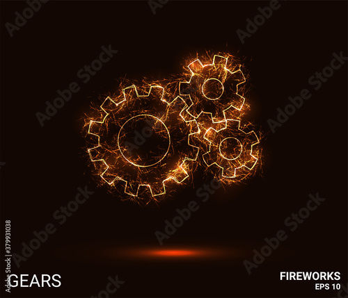 Gears fireworks. The gears are made up of sparks and fire. Festive bright fireworks. Decorative element for celebrations and holidays. Vector illustration.