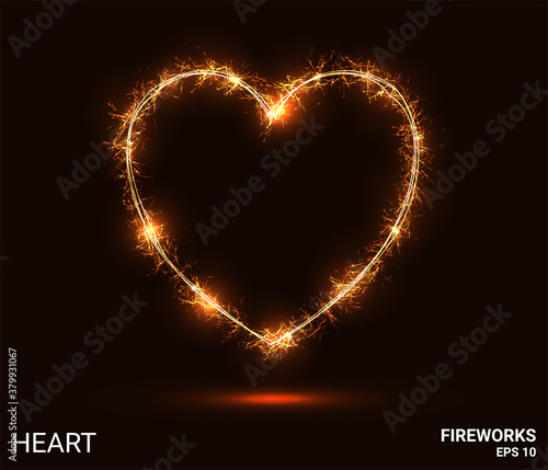 Heart fireworks. The heart is made up of sparks and fire. Festive bright fireworks. Decorative element for celebrations and holidays. Vector illustration.