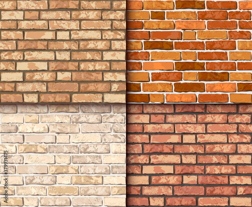 Vector realistic brick wall seamless pattern set. Flat wall repeat texture. Y...