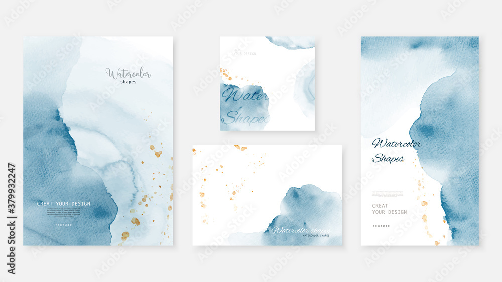 Creative template background set with blue and splash gold watercolor - obrazy, fototapety, plakaty 