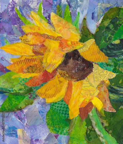 Mixed media collage paper painting of a single sunflower with lilac background photo