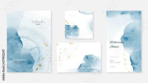 Creative template background set with blue and splash gold watercolor