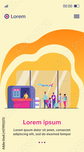 Airport queue vector illustration. Line of tourists standing at check in desk. Flight passengers waiting for boarding to plane in departure area