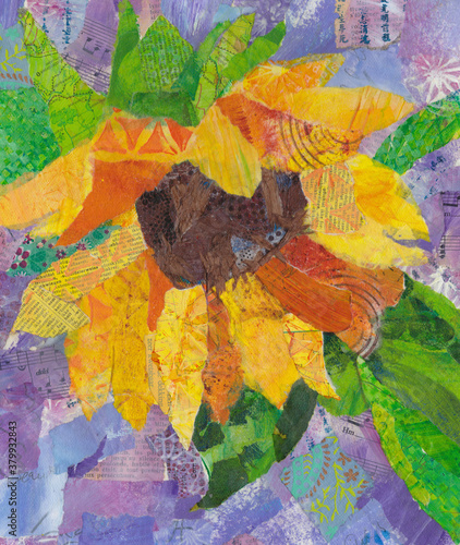 Fotografija Sunflfower paper painting mixed media collage on lilac background
