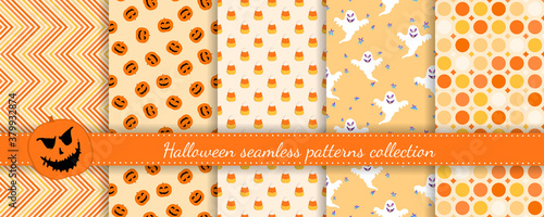 Halloween seamless patterns set. Vector collection of colorful background swatches. Cute funny abstract textures with pumpkins, ghosts, Jack o lantern, chevron, lines, dots. Repeat decorative design
