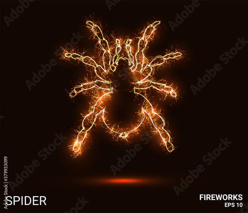 Spider fireworks. The spider consists of sparks and fire. Festive bright fireworks. Decorative element for celebrations and holidays. Vector illustration.