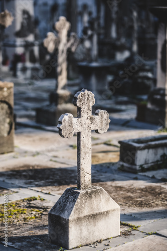 Cross Stone on Burial in an Old Italian Cemetery photo