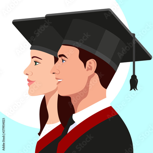 College girl and boy students, university graduates in graduation cap and gown profile set. Vector illustration.