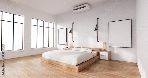 Bedroom interior loft style with frame on white wall brick. 3D rendering