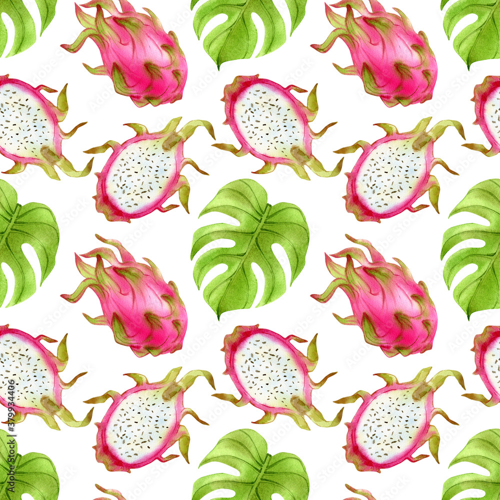 Seamless pattern with dragon fruits and tropical laeves isolated on white background. Tropical illustration, Hand drawn watercolor sketch. Stock illustration of plants. Seamless pattern with dragon fruits and tropical laeves isolated on white background. Tropical illustration, Hand drawn watercolor sketch. Stock illustration of plants.