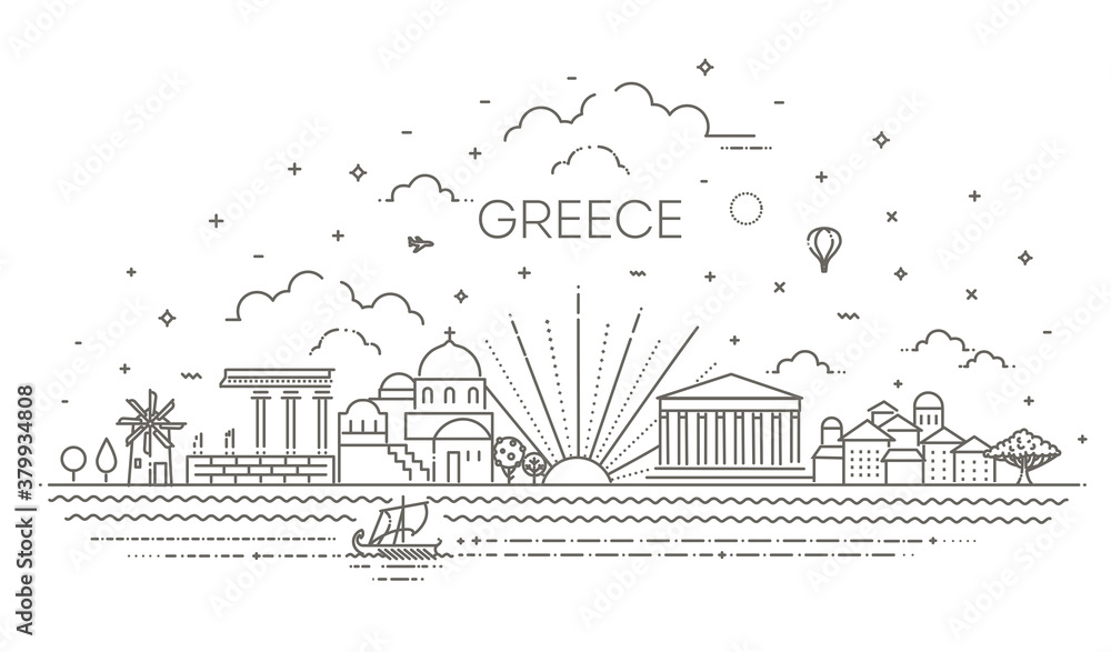 Fototapeta premium Greece skyline, vector illustration in linear style
