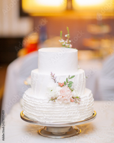 White wedding cake decorated with living flowers. Fine art background.