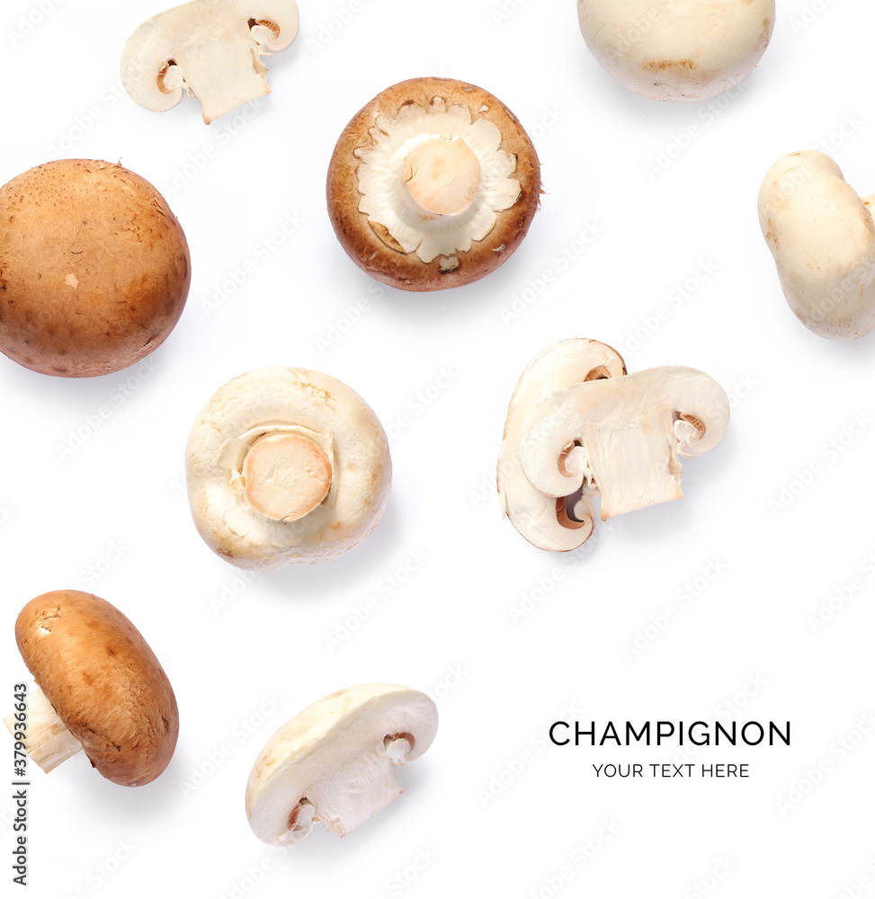 Creative layout made of champignon on the white background. Flat lay. Food concept. Creative layout made of champignon on the white background. Flat lay. Food concept.