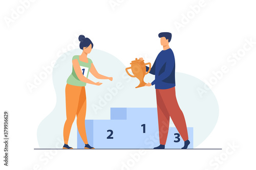 Female winner getting first prize. Man giving golden cup to woman at podium flat vector illustration. Winning, leadership, achievement concept for banner, website design or landing web page