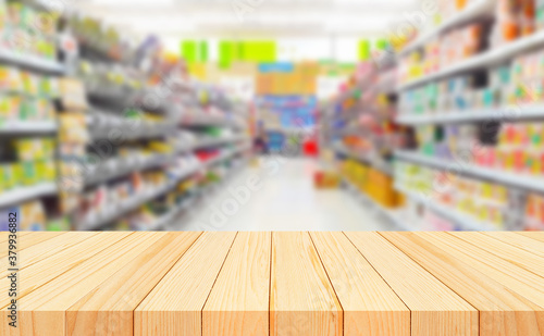 Wood floor and Supermarket blur background, Product display, template,