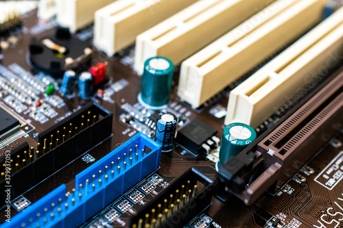 Closeup of electronic circuit board or PCB printed circuit board