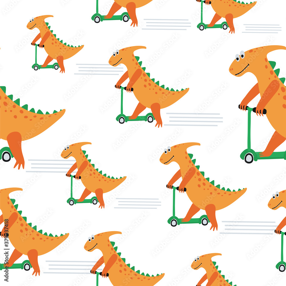 Obraz premium Funny seamless pattern with dinosaurs on white background. Texture with trendy characters for the design of children's textiles, Wallpaper, packaging paper. vector illustration