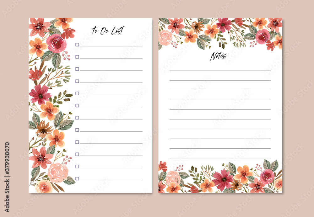 Fototapeta premium Warm Terracotta Rose Floral Watercolor Notes and To Do List