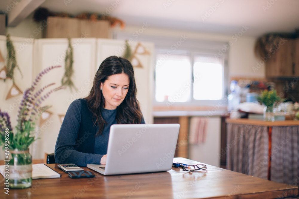 Brunette woman working with the laptop in her eco farm. Brunette woman working with the laptop in her eco farm.