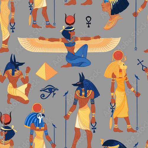 Ancient Egypt. Vintage seamless pattern with Egyptian gods and symbols. Retro hand drawn vector repeating illustration. Ra, Isis, Anubis, Sekhtmet, Cleopatra, pyramid.