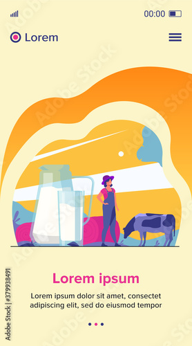 Fresh milk in glass jug. Cow pasturing on farming field. Vector illustration for farm food, nutrition, diet, calcium, casein concept