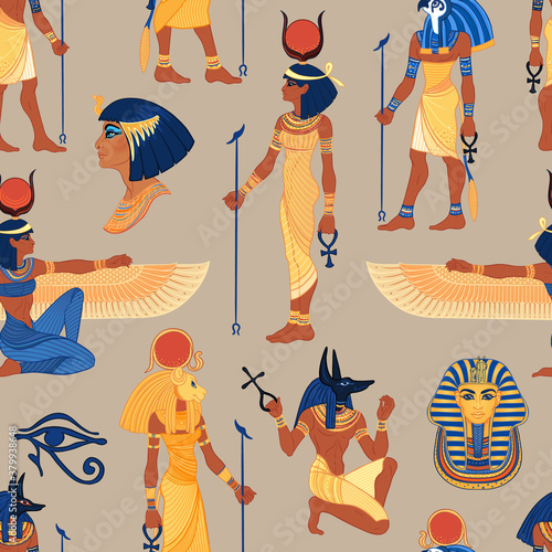 Ancient Egypt. Vintage seamless pattern with Egyptian gods and symbols. Retro hand drawn vector repeating illustration. Ra, Isis, Anubis, Sekhtmet, Cleopatra, pyramid.