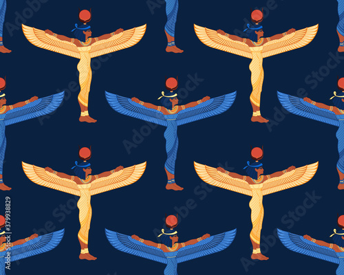 Isis, goddess of life and magic in Egyptian mythology. Seamless pattern. One of the greatest goddesses of Ancient Egypt, protects women, children, heals sick. Vector illustration. Winged woman.
