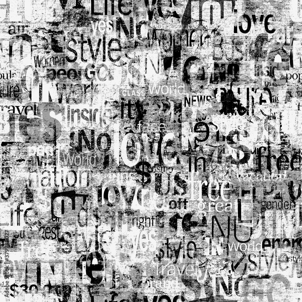 Abstract grunge urban geometric chaotic seamless pattern with words, letters