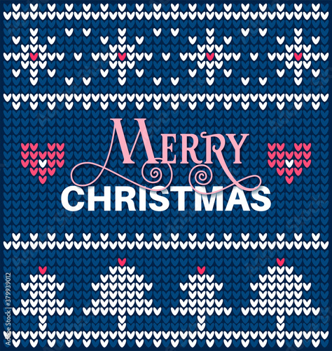 Scandinavian knitted pattern with lettering typography Merry Christmas, snowflakes, hearts, trees. Vector illustration. Winter holiday postcard, paper, packaging, present box, print for seasonal goods