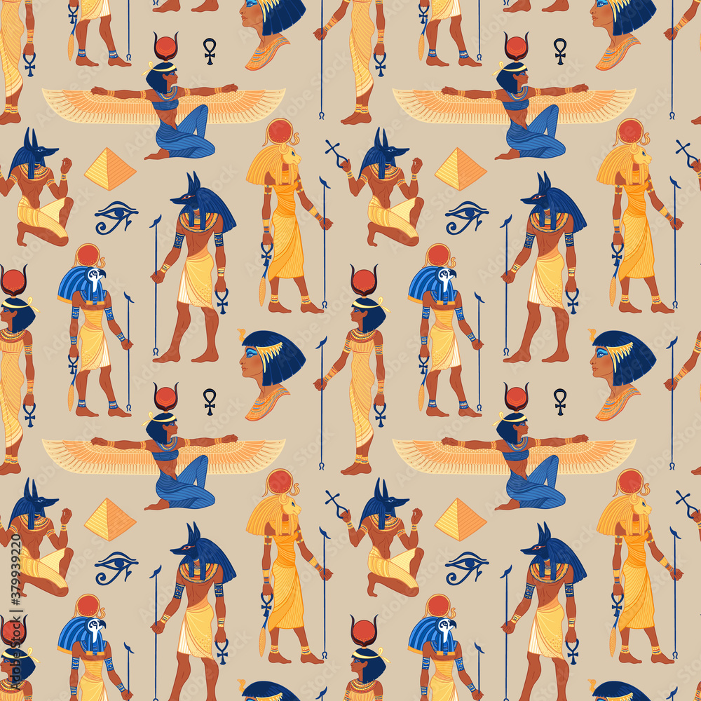Ancient Egypt. Vintage seamless pattern with Egyptian gods and symbols. Retro hand drawn vector repeating illustration. Ra, Isis, Anubis, Sekhtmet, Cleopatra, pyramid.