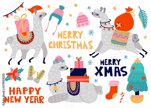 Christmas llama set. Winter llamas in scarf and hat with gifts and presents in different poses, merry xmas and happy new year lettering, holiday animals collection in hand drawn cartoon vector style