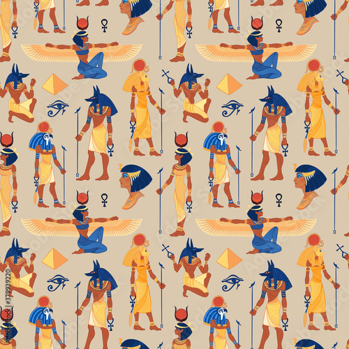 Fototapeta Naklejka Na Ścianę i Meble -  Ancient Egypt. Vintage seamless pattern with Egyptian gods and symbols. Retro hand drawn vector repeating illustration. Ra, Isis, Anubis, Sekhtmet, Cleopatra, pyramid.