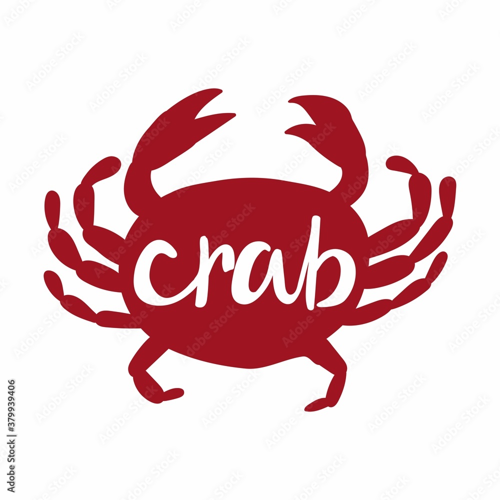 Crab silhouette with lettering. Hand drawn red underwater creature with text for cafe restaurant menus, goods packaging vector isolated illustration