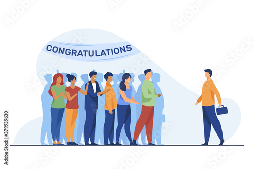 Man going to surprise party. Crowd of people, congratulation banner flat vector illustration. Festive event, celebration, social distance concept for banner, website design or landing web page