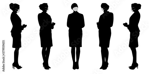 Vector concept conceptual  silhouette women working while social distancing as means of prevention and protection against coronavirus contamination. A metaphor for the new normal.