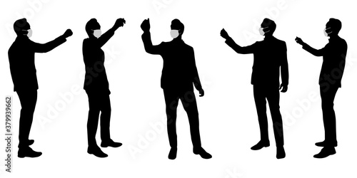 Vector concept conceptual  silhouette men talking while social distancing as means of prevention and protection against coronavirus contamination. A metaphor for the new normal.