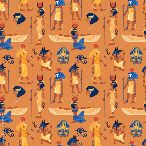 Ancient Egypt. Vintage seamless pattern with Egyptian gods and symbols. Retro hand drawn vector repeating illustration. Ra, Isis, Anubis, Sekhtmet, Cleopatra, pyramid.