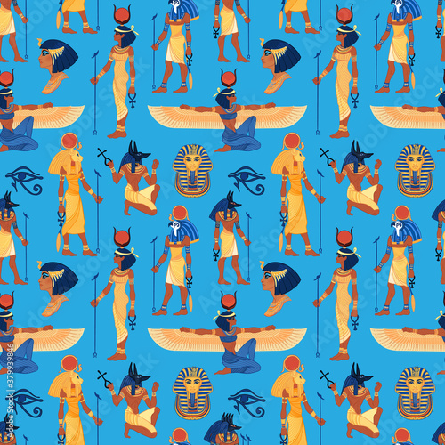 Ancient Egypt. Vintage seamless pattern with Egyptian gods and symbols. Retro hand drawn vector repeating illustration. Ra, Isis, Anubis, Sekhtmet, Cleopatra, pyramid.
