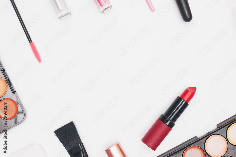 set of professional cosmetics, makeup tools and accessories isolated on white background, beauty, fashion, shopping concept, flat lay set of professional cosmetics, makeup tools and accessories isolated on white background, beauty, fashion, shopping concept, flat lay