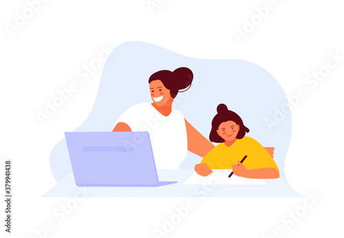 Mother freelancer works at home with her child. Self-isolation remote work