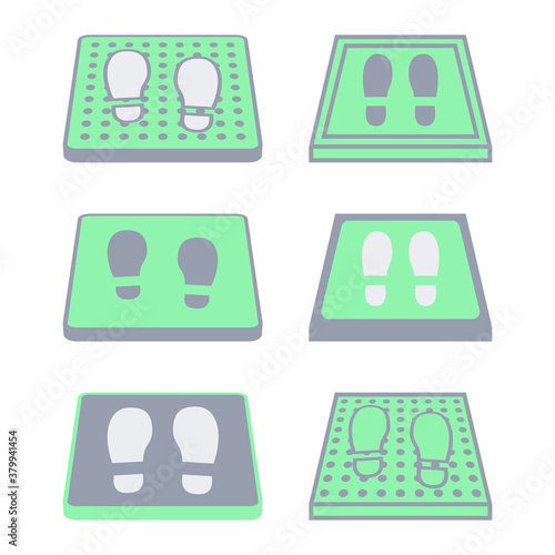 Collection of disinfectant mats. Sanitizing mats. Antibacterial entry rug in green and grey color. Disinfecting carpet for shoes. Vector illustration