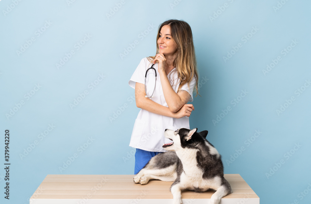 Veterinary doctor at vet clinic with Siberian Husky dog over isolated blue background looking side