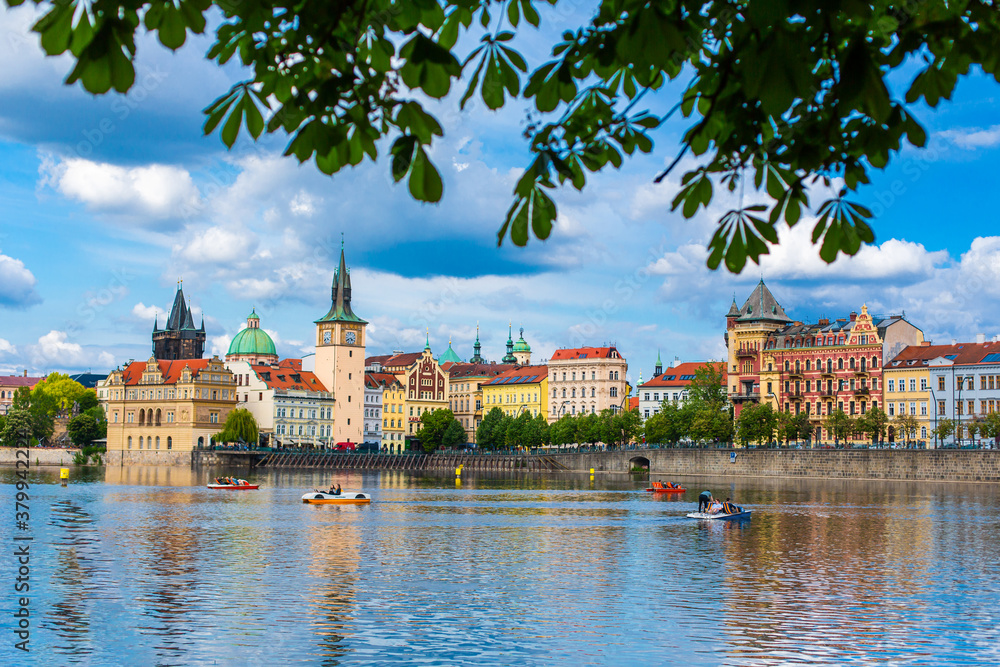 The landscape of the city of Prague view from the Vltava river on the ancient architecture of the city