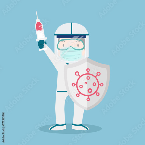 Doctor wearing PPE Costume With Shield And Syringe concept