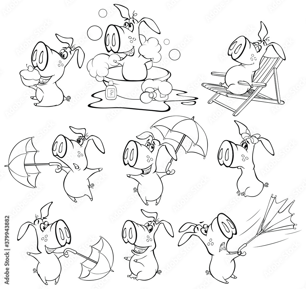 Illustration of a Cute Cartoon Character Pig for you Design and Computer Game. Coloring Book Outline Set Illustration of a Cute Cartoon Character Pig for you Design and Computer Game. Coloring Book Outline Set