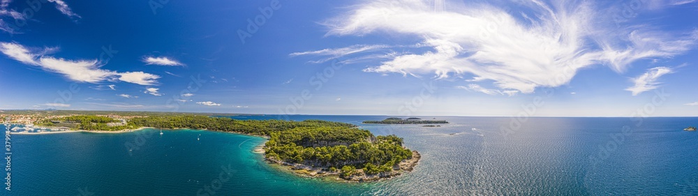 Panoramic drone picture of typical Croatian shore landscape taken near Rovinj Panoramic drone picture of typical Croatian shore landscape taken near Rovinj