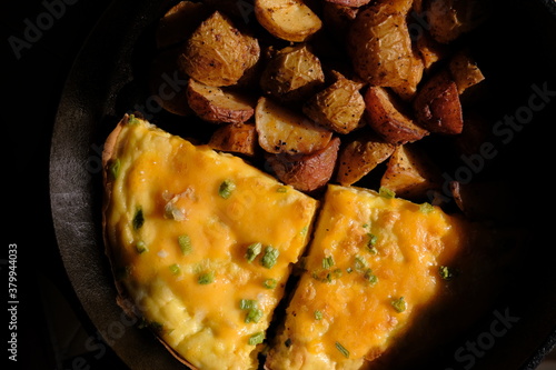 Breakfast in cast iron skillet. photo