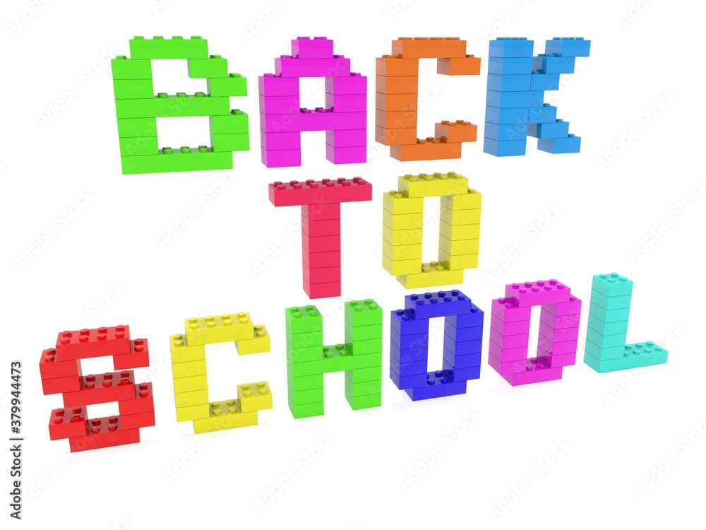 BACK TO SCHOOL concept from colored toy bricks to white BACK TO SCHOOL concept from colored toy bricks to white