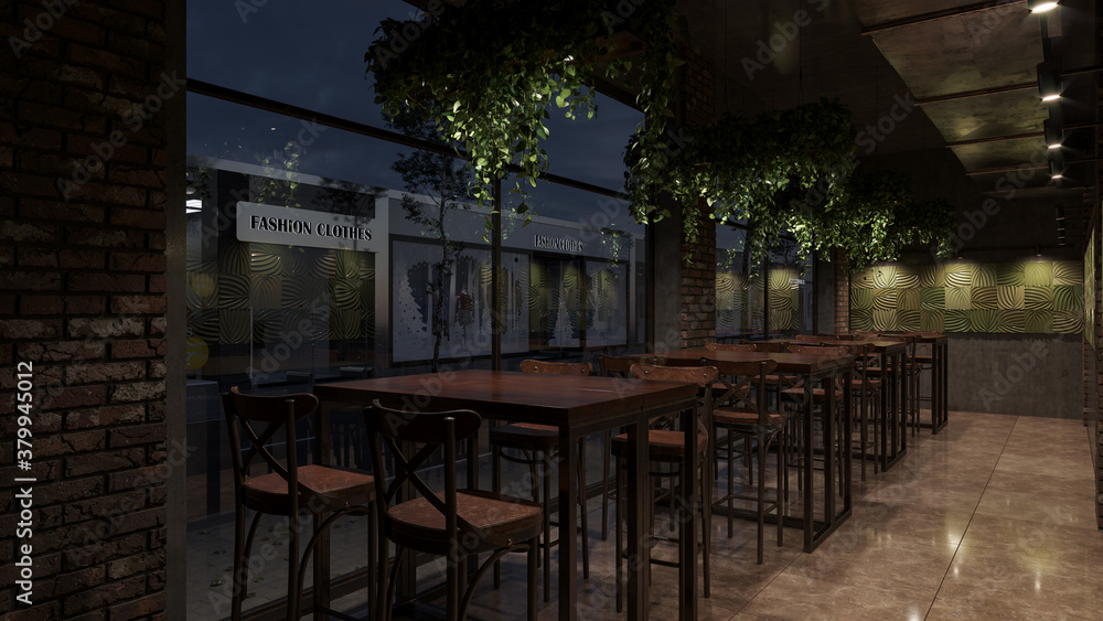 Tables and Chairs by the Window Inside an Illuminated Restaurant During the Nighttime 3D Rendering