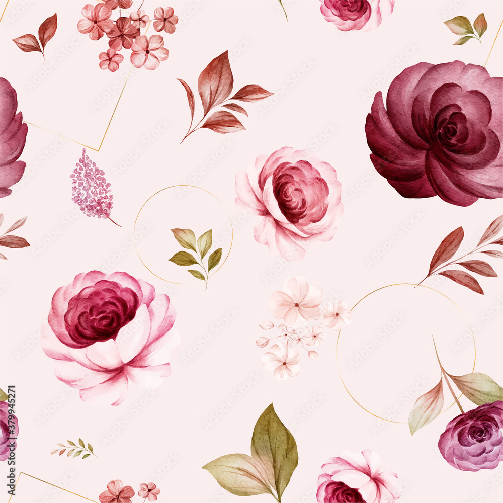 Floral seamless pattern of burgundy and peach watercolor roses and wild flowers arrangements on white background for fashion, print, textile, fabric, and card background